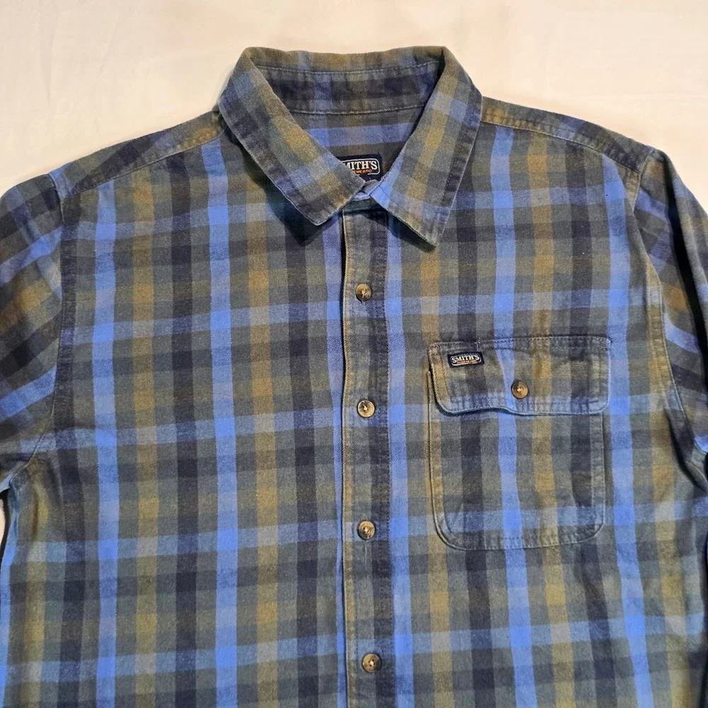 Smiths Workwear Mens Large‎ Flannel Shirt Blue Olive Green Plaid Long Sleeve L